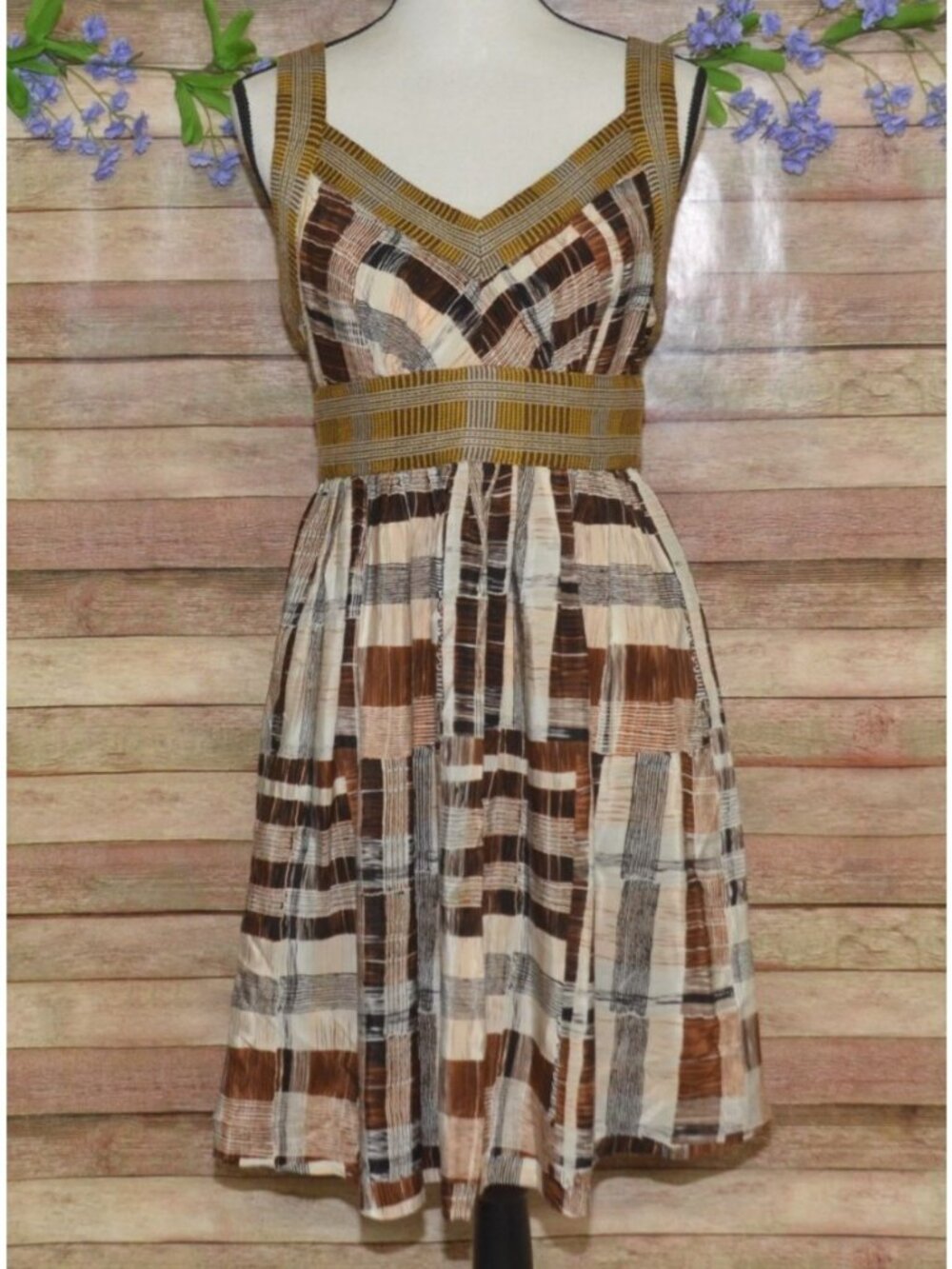 Plenty By Tracy Reese Dress Womens 8 100% Silk Babydoll Brown Plaid Patchwork